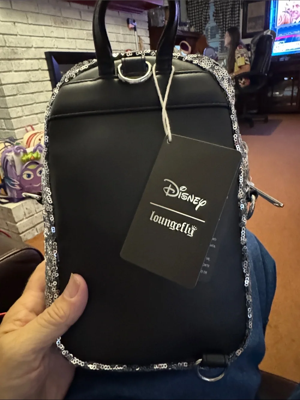 Loungefly Silver Sequin Minnie Ear Kids Mini Backpack with Black Bow